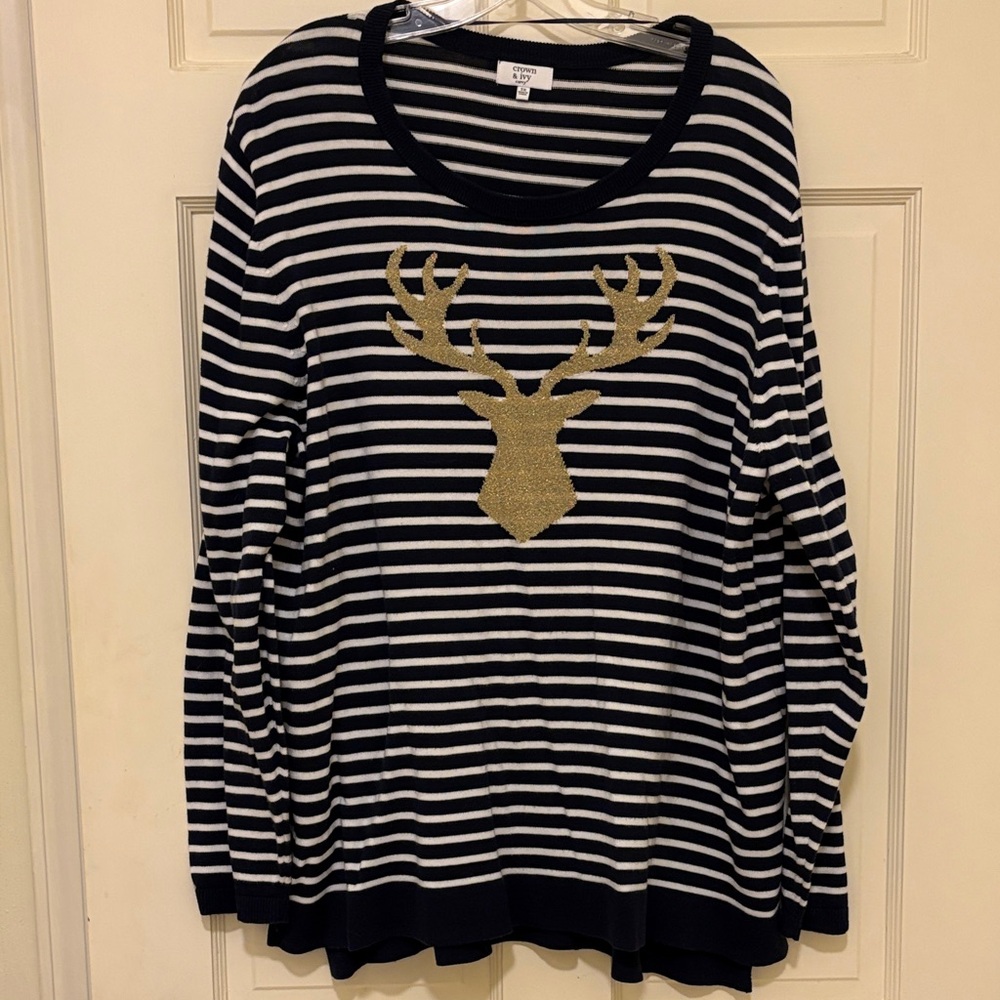 Crown & Ivy Black and White Striped Sweater with Gold Deer